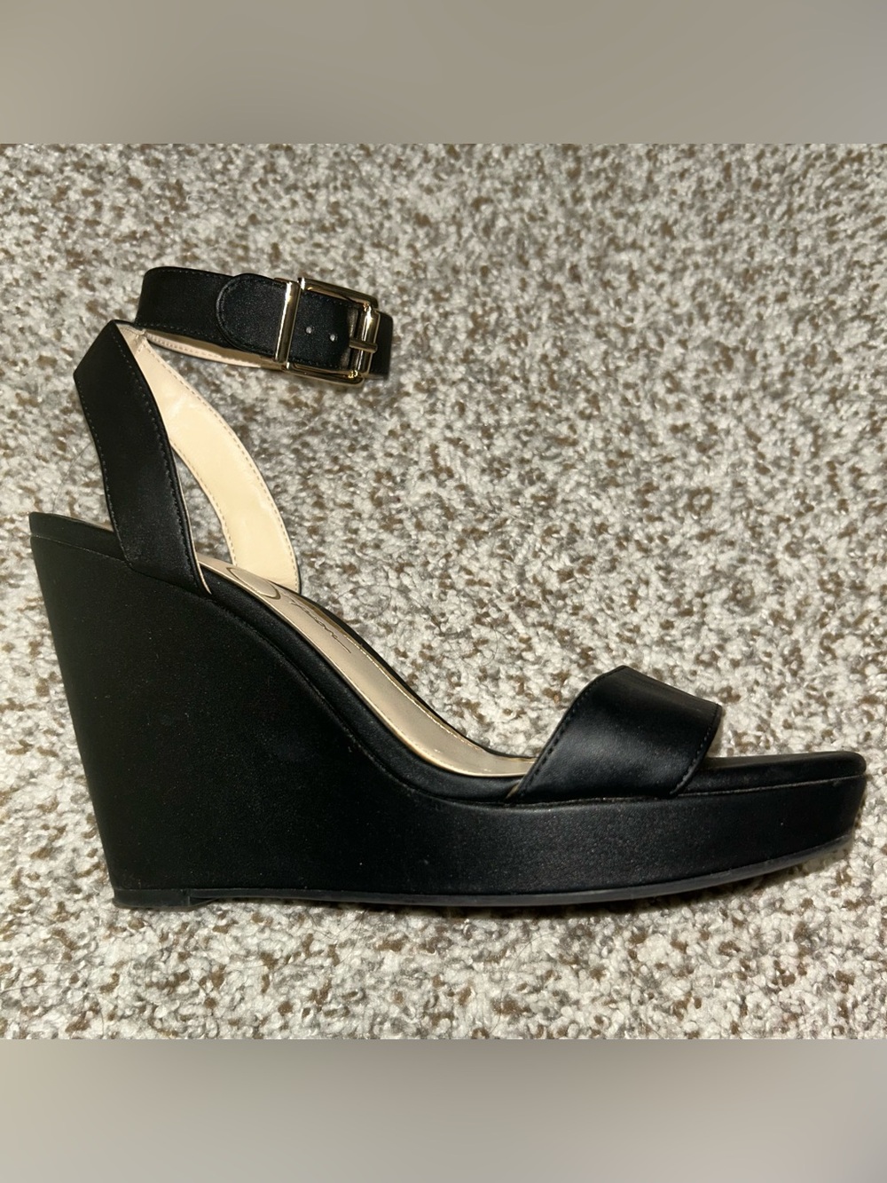 Jessica Simpson Black Wedge Ankle-Strap Sandals with Gold Buckle